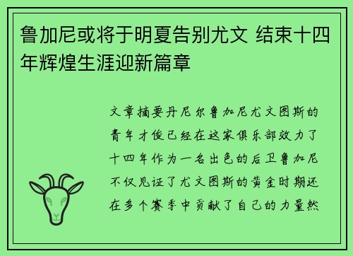 鲁加尼或将于明夏告别尤文 结束十四年辉煌生涯迎新篇章